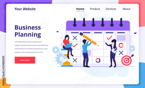 Business planning concept, People filling out the work schedule on a giant calendar. Modern flat web page design for website and mobile website. Vector illustration