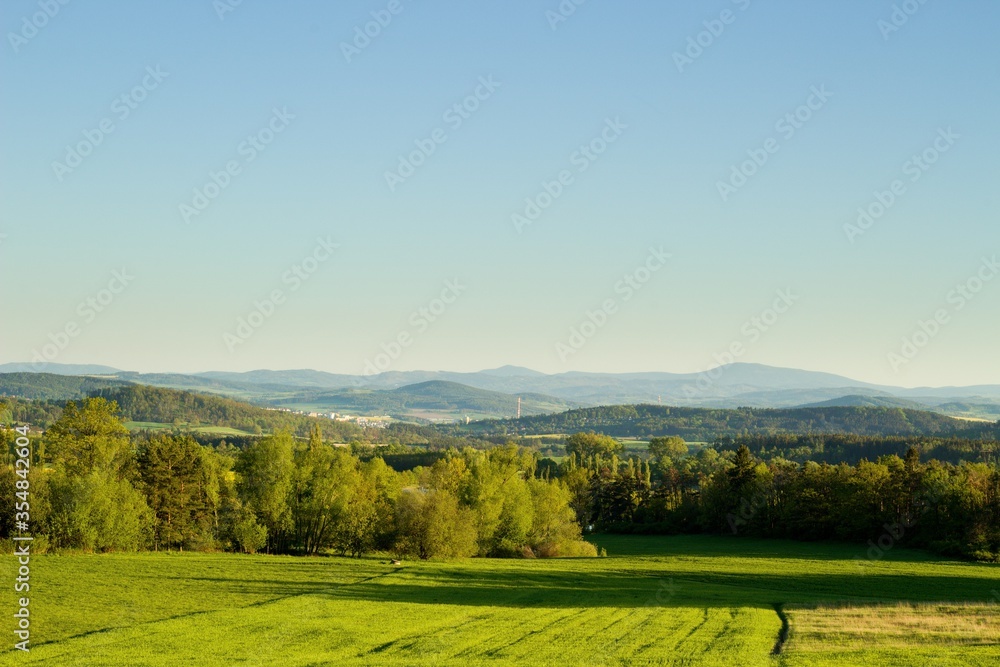 Typical panoramic preserved spring rural country landscape of South Bohemia, Czech Republic