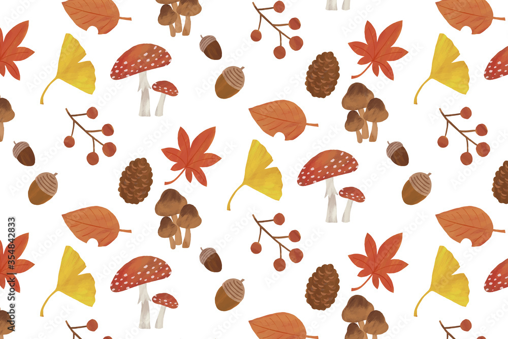 秋 背景 イラスト パターン 紅葉 イチョウ どんぐり 松ぼっくり きのこ 葉っぱ 白背景 Stock Vector Adobe Stock