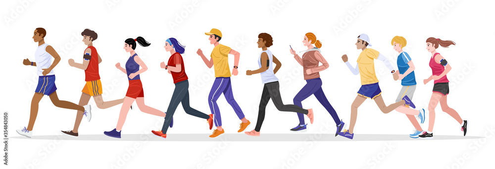 Flat design style. Group of healthy young men and women jogging together. Vector Flat design style. Group of healthy young men and women jogging together. Vector