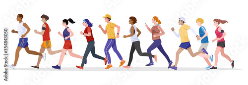 Flat design style. Group of healthy young men and women jogging together. Vector