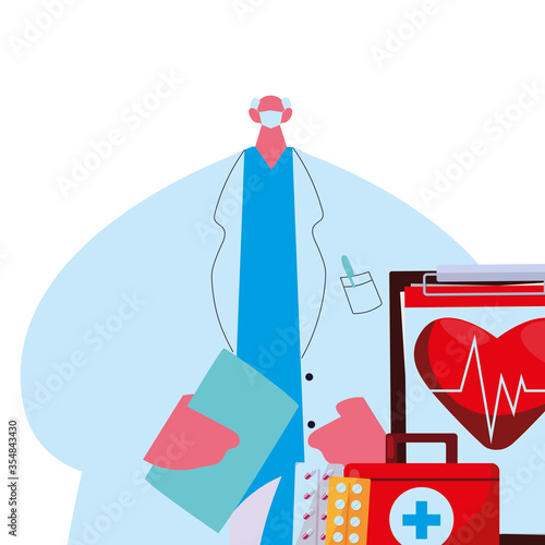 Doctor in medical uniform with mask, medicine kit and medical history