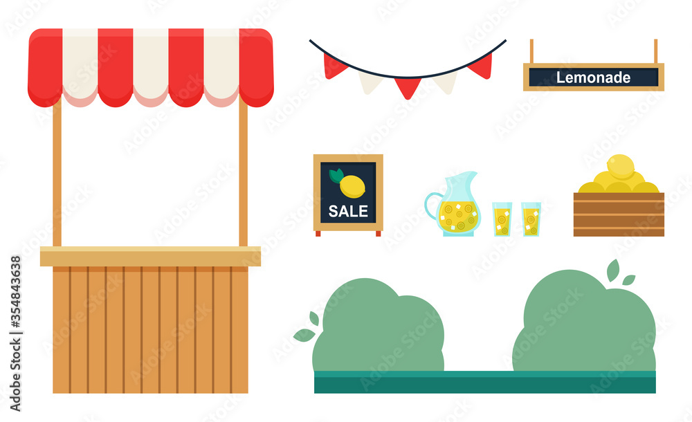 Set of lemonade stand with lemons and decorative objects. Flat cartoon vector illustration isolated on white background. - obrazy, fototapety, plakaty 