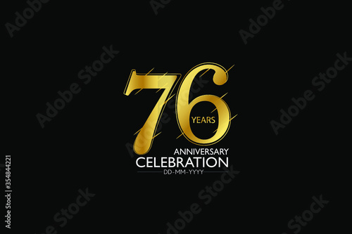 76 year minimalist logo years, jubilee, greeting card. Birthday invitation. Sign Gold space vector illustration on black background - Vector
