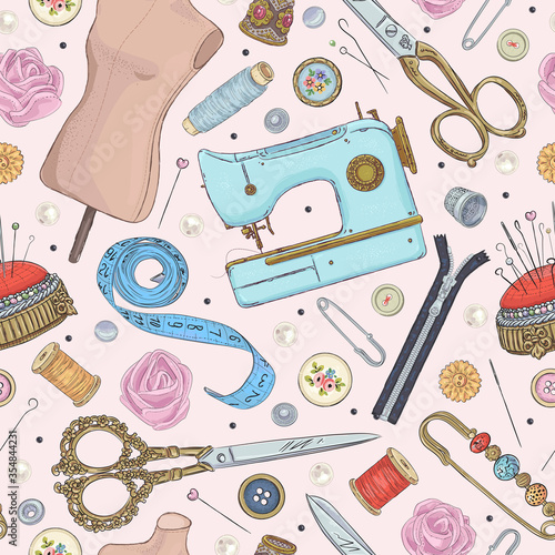 Seamless pattern with hand drawn sewing retro elements