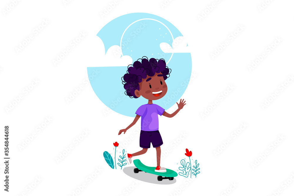 Fototapeta premium Happy boy riding skateboard outside. Summer holidays outdoor activities for children. Vector illustration on white isolated background.