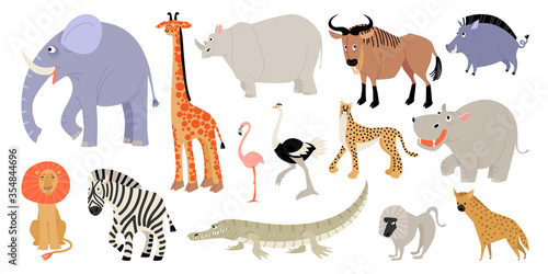 Set of vector illustrations of funny animals and birds of the African savannah