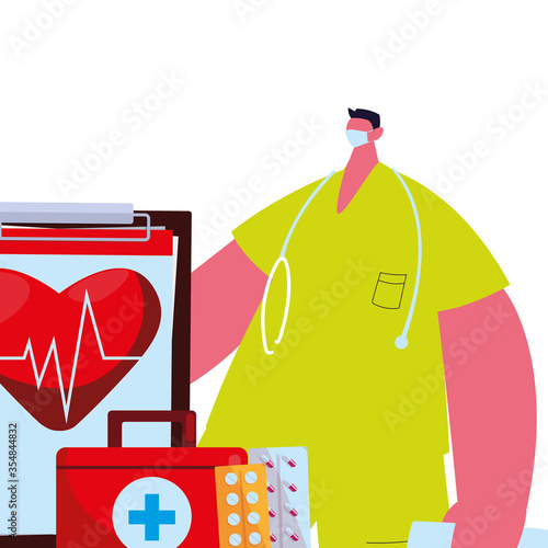 Doctor in medical uniform with mask, medicine kit and medical history