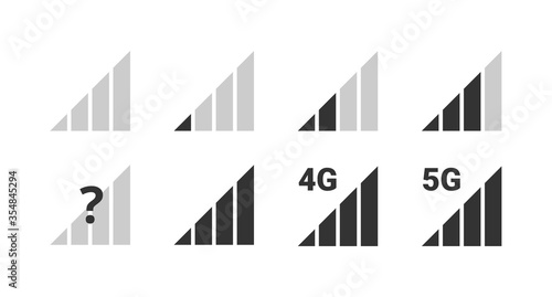 Signal strength indicator set, mobile phone bar status black icon. No signal symbol, 4g and 5g network connection level sign. Vector illustration for web, app, design interface
