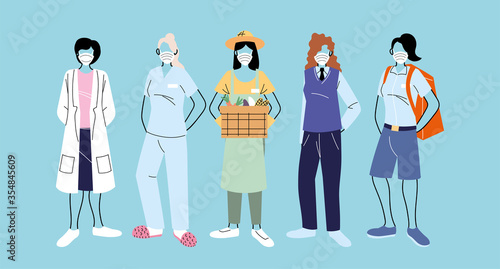 thank you essential workers, various occupations people wearing face masks