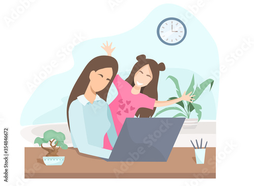 Flat vector illustration. During quarantine, a woman works from home. During a video call, the girl runs into the room. The child is preventing mom from working. Work on maternity leave.