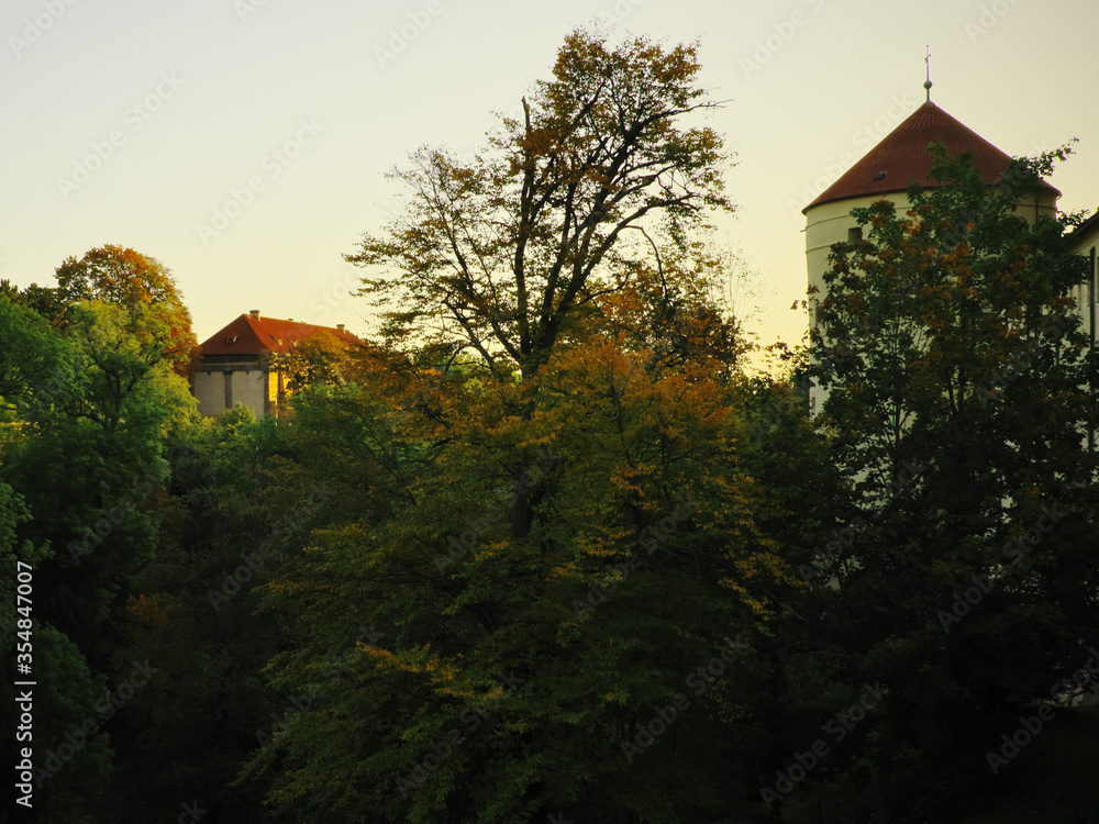 Medieval towers over trees in Prague in the fall. Deer moat. Medieval towers over trees in Prague in the fall. Deer moat.