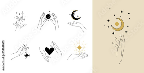 Set of modern simple magic drawings with crystals, stars, moon. Design elements for weddings, tattoos, trendy boho style. Vector linear illustration isolated on white background.