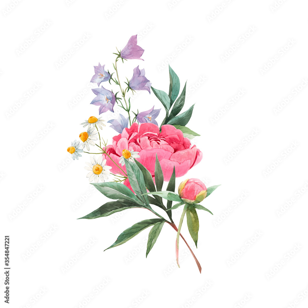 Beautiful floral bouquet composition with watercolor pink peony and yellow poppy flowers. Stock illustration