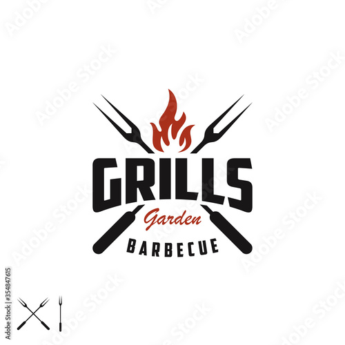 Retro Vintage Grill with crossed fork and fire flame for Barbeque barbecue bbq Logo design