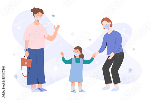 Mother taking child to kindergarten after coronavirus pandemic, waving goodbye, girl and nanny in face masks, children go back to school after covid concept, vector flat cartoon characters