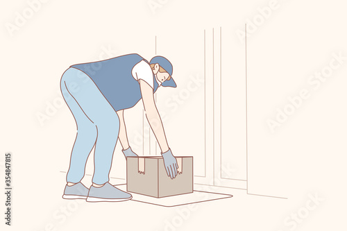 Contactless delivery concept illustration. Young man or boy courier supplier cartoon character putting mail box food bag package down near entrance door. Home contactless shipment on 2019ncov lockdown