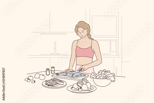 Cooking, diet, healthcare concept. Woman girl athlete cartoon character prepares food meat fish fruits vegetables for paleo eating at home kitchen. Healthy nutrition and active lifestyle illustration.