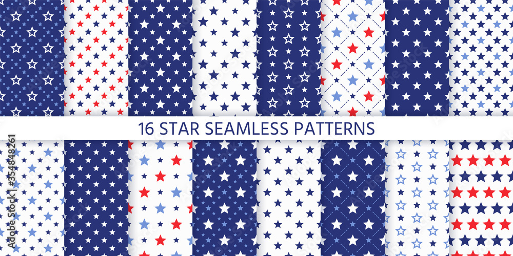 Star seamless pattern. Vector. Set of textures with pentagonal stars. Abstract geometric backgrounds. Cute navy blue and red prints. Festive patriotic simple wallpaper. Color illustration. Star seamless pattern. Vector. Set of textures with pentagonal stars. Abstract geometric backgrounds. Cute navy blue and red prints. Festive patriotic simple wallpaper. Color illustration.