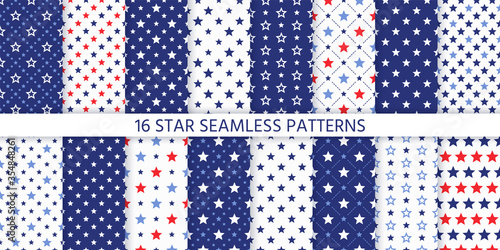 Star seamless pattern. Vector. Set of textures with pentagonal stars. Abstract geometric backgrounds. Cute navy blue and red prints. Festive patriotic simple wallpaper. Color illustration.