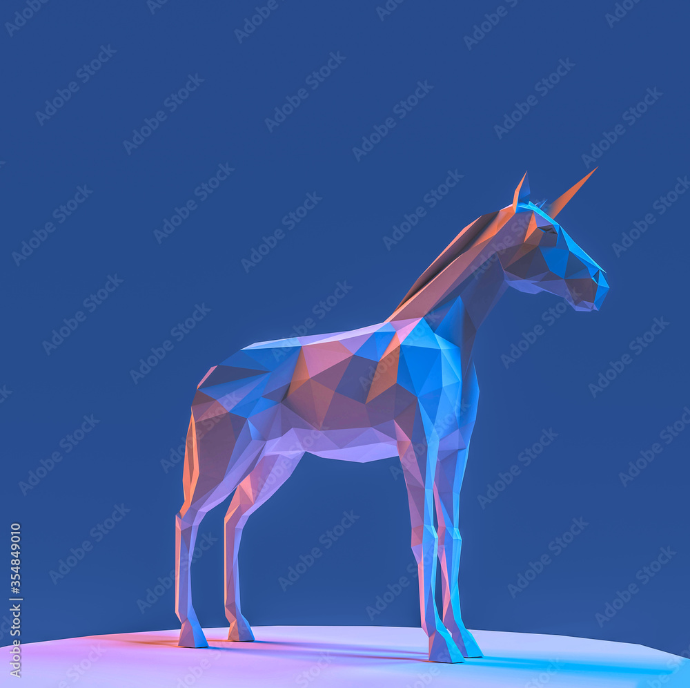 Obraz premium unicorn 3d low poly graphic illustration of wildlife animal that is isolated, colorful, background design geometric concept style icon mammal origami paper folded triangle silhouette magic shape