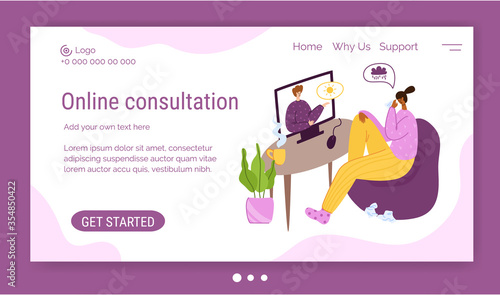 Psychological online services landing page template - distance support at home by internet. Upset girl crying and talking with psychologist, individual helpful therapy session or consultation vector