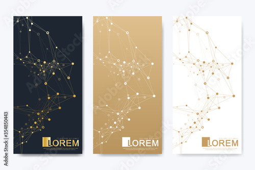 Modern set of vector medical scientific flyers. Geometric abstract presentation Structure molecule atom dna and communication background. Concept for medicine, science, technology, chemistry.