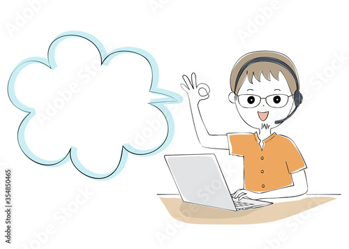 Young man operating laptop with telework