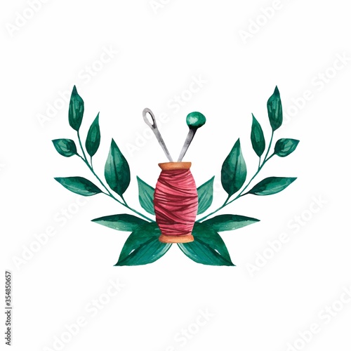 Sewing logotipe. Cute watercolor logo. Female needlework. Sewing tools isolated on a white background.