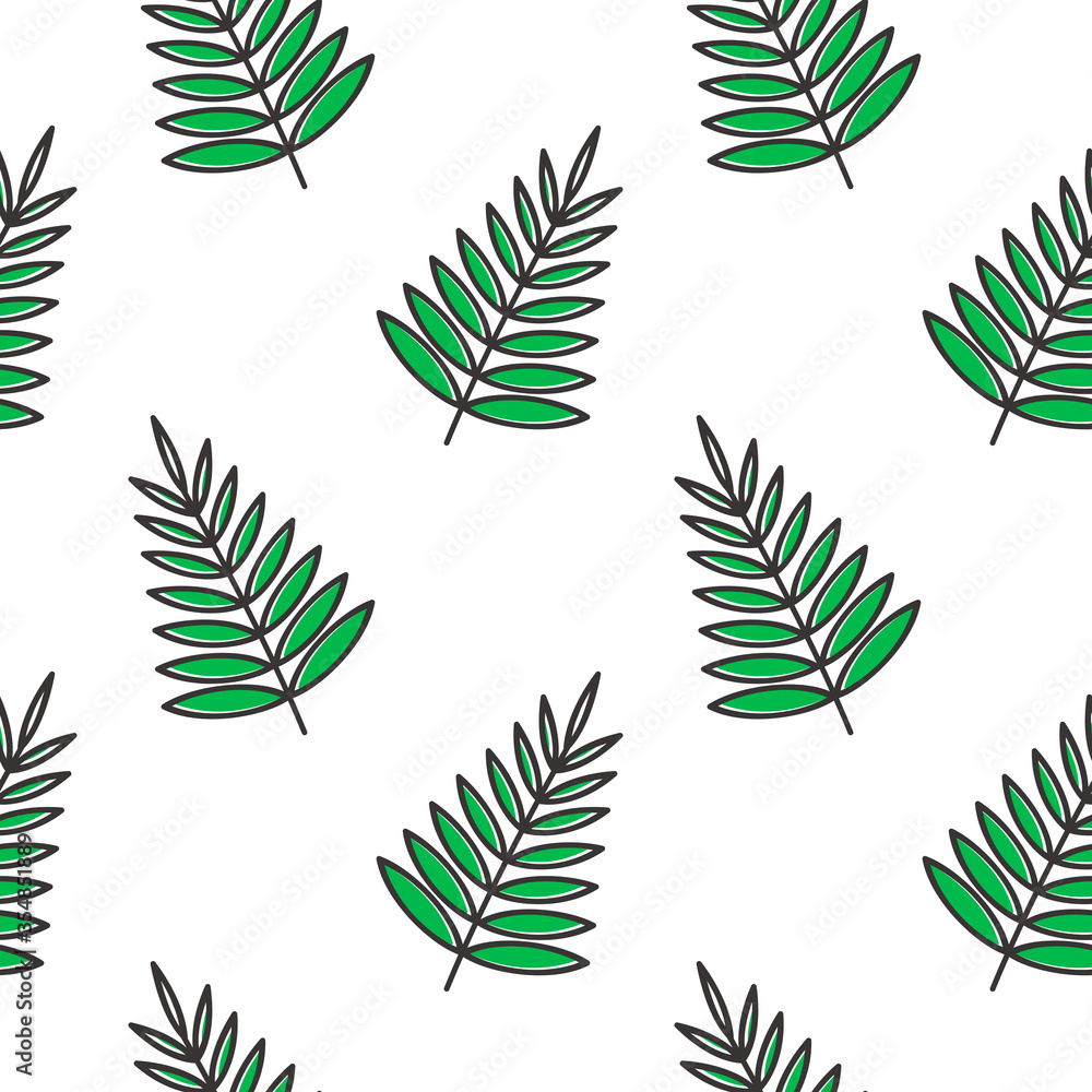 Seamless pattern of hand-drawn tropical floral fern leaves doodle. line art or outline botanical decoration. wallpaper use. White background