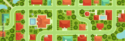 Aerial view of residential area, houses, streets and parks from above