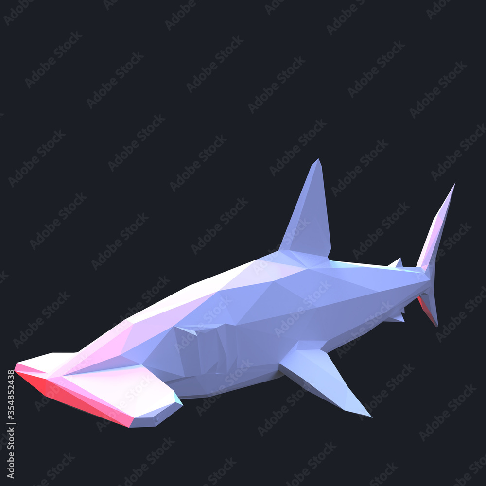 Plakat rekin młotkowy 3d niski poli graficzny ilustracja dzikiego zwierzęcia, który jest odizolowany, kolorowy, tło projekt koncepcja geometryczna styl ikona ssak origami papier złożony trójkąt sylwetka kształt