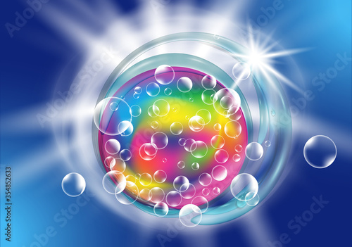 Elements Package design for laundry detergent and liquid detergents ads with and water splash, soap bubbles. Washing powder for color fabric. Vector photo