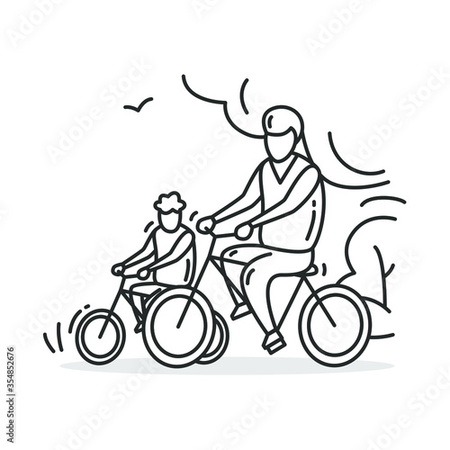 Riding bike family icon.Outline sign of father and son cycling together.Outdoors family activity concept. Parent and child on bicycle having leisure time.Thin line vector illustration.Editable stroke
