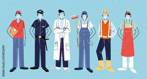 thank you essential workers, various occupations people wearing face masks