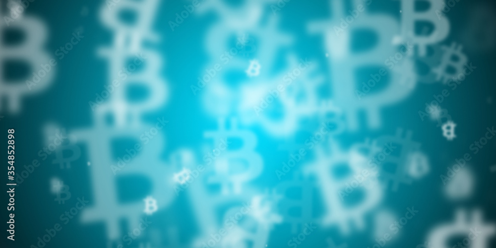 Abstract light blue background with flying bitcoin logos