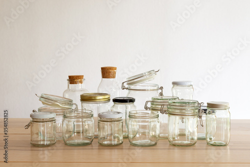 Set of Empty reusable glass jar on white background, sustainable eco friendly lifestyle zero waste concept.