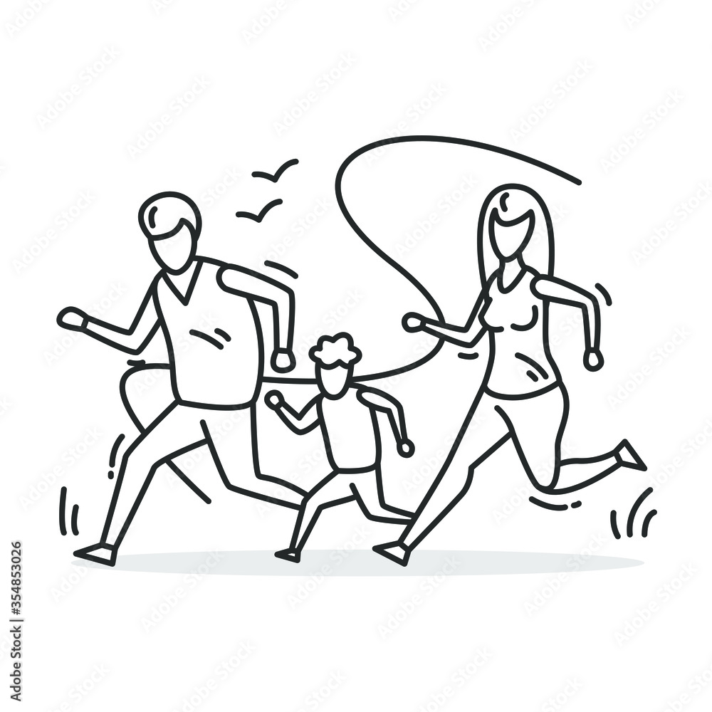 Fototapeta premium Family running icon. Thin line sign for family marathon. Parents and kid exercise outdoors. Mother, father and offspring activity concept. Healthy lifestyle. Linear vector illustration.Editable stroke
