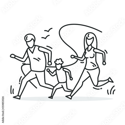Family running icon. Thin line sign for family marathon. Parents and kid exercise outdoors. Mother, father and offspring activity concept. Healthy lifestyle. Linear vector illustration.Editable stroke