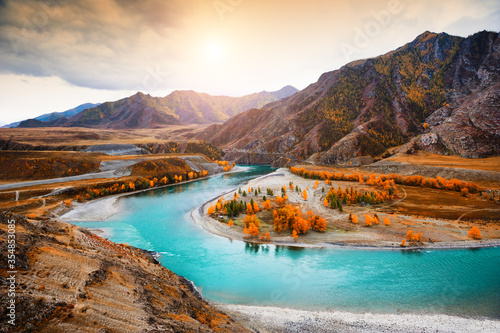 Confluence of Chuya and Katun rivers in Altai mountains, Siberia, Russia. Autumn landscape. Famous tourist destination