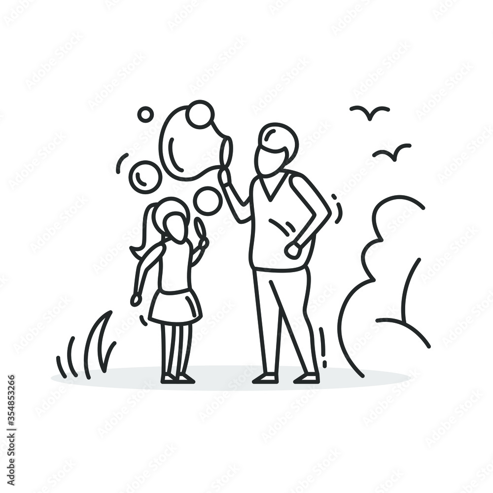 Blowing soap bubbles icon. Sign of father and daughter making foam bubbles outdoors. Simple thin line. Family and childhood concept. Dad and little kid. Vector illustration.Editable stroke
Blowing soap bubbles icon. Sign of father and daughter making foam bubbles outdoors. Simple thin line. Family and childhood concept. Dad and little kid. Vector illustration.Editable stroke