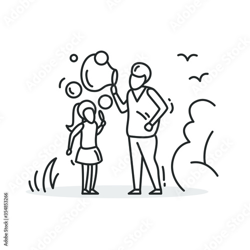 Blowing soap bubbles icon. Sign of father and daughter making foam bubbles outdoors. Simple thin line. Family and childhood concept. Dad and little kid. Vector illustration.Editable stroke

