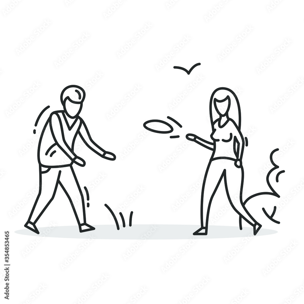 Throwing flying plate icon. Summer outdoor activity concept. Thin line characters throwing plate on white background. Relationship and lifestyle. Linear vector illustration.Editable stroke Throwing flying plate icon. Summer outdoor activity concept. Thin line characters throwing plate on white background. Relationship and lifestyle. Linear vector illustration.Editable stroke