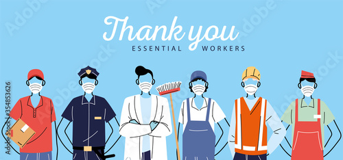 thank you essential workers, various occupations people wearing face masks