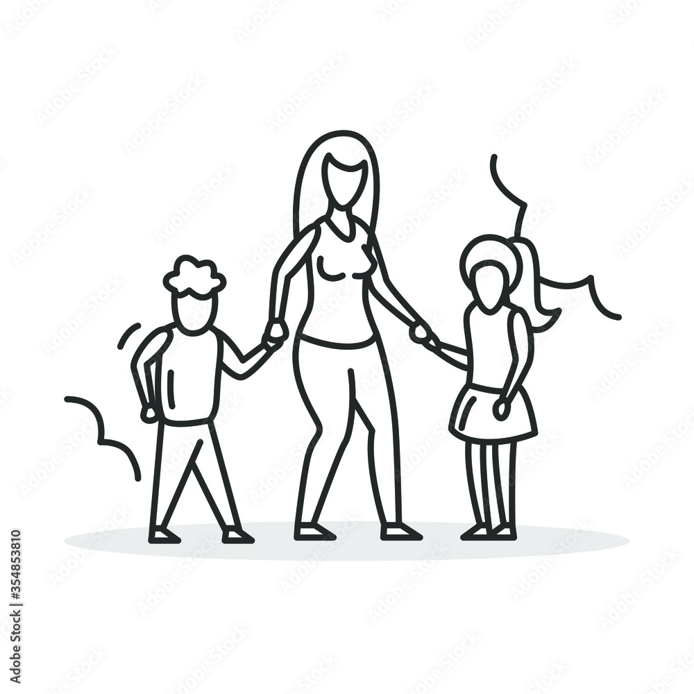 Mother and kids icon. Thin line sign of mom holding hands with son and daughter. Parenthood and family concept. Woman with children outdoors. Linear vector illustration.Editable stroke

