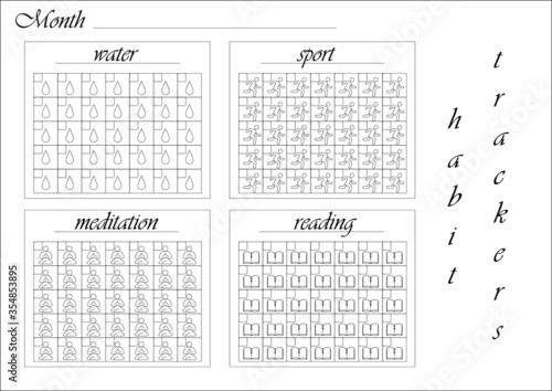 Monthly habit tracker blank for painting. Set of habits to drink water, meditate, play sports and read in black and white in vector.