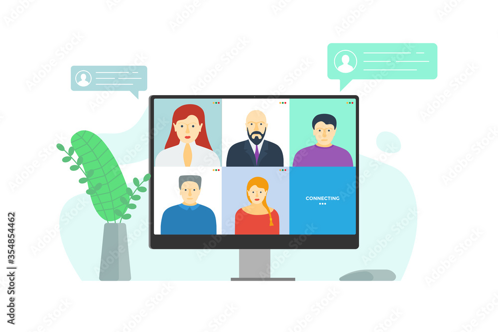 People group on monitor screen taking part in online conference. Home work meeting and distance education webinar or videoconferencing. Video conferencing and web communication vector eps illustration People group on monitor screen taking part in online conference. Home work meeting and distance education webinar or videoconferencing. Video conferencing and web communication vector eps illustration