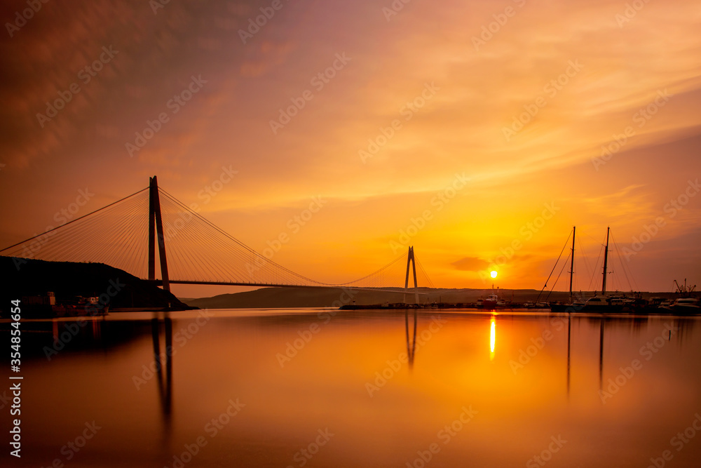 Istanbul bosphorus, Yavuz Sultan Selim Bridge with sunset long exposure shot.