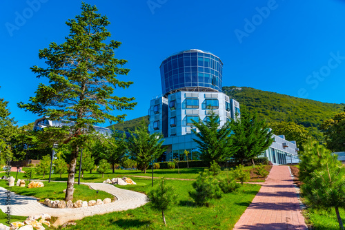 Dajti tower situated next to exit of gondola lift on mount Dajti in Albania photo