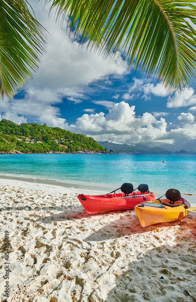 Beach with kayaks and palm tree at Seychelles Beach with kayaks and palm tree at Seychelles